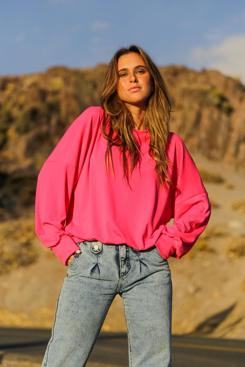 Sweater manga globo oversize Fucsia